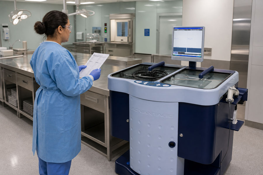 Sterile-processing technician operating a dual-basin ADVANTAGE PLUS endoscope reprocessor.