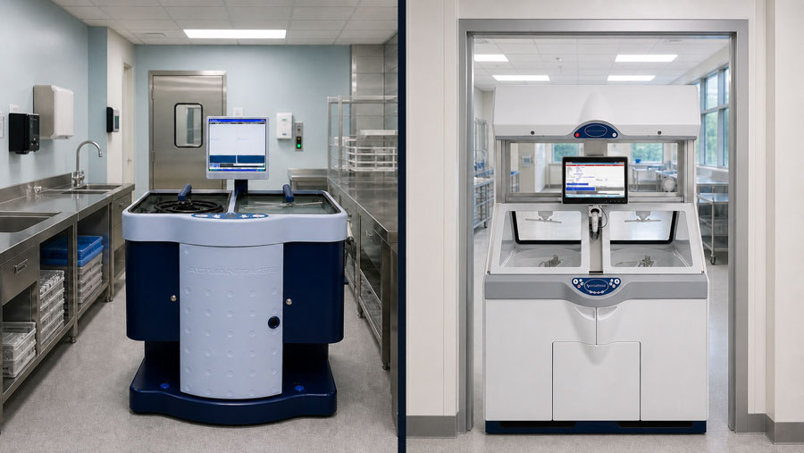 Comparison of standard and pass-through automated endoscope reprocessor room layouts.