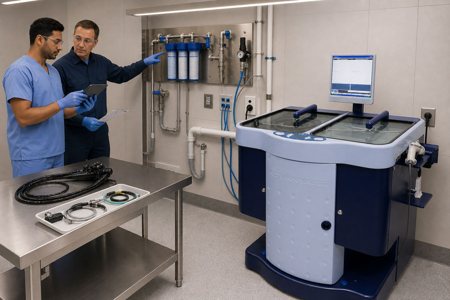Technicians reviewing hookups and utility requirements for an ADVANTAGE PLUS reprocessor.
