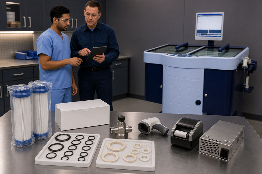 Filters, seals, maintenance components, and technical support for an ADVANTAGE PLUS reprocessor.