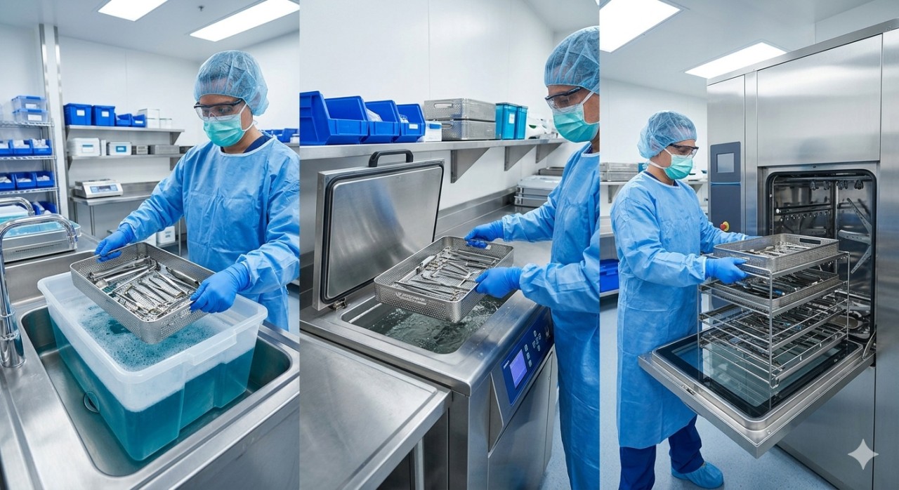 Manual soaking, ultrasonic cleaning, and automated washer equipment used with enzymatic detergent in hospital reprocessing