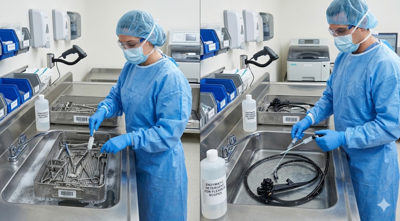 Surgical instruments and flexible medical devices prepared for enzymatic cleaning in hospital reprocessing
