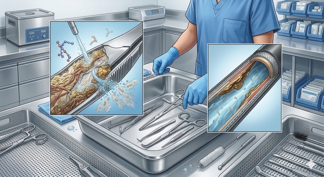 Medical illustration of multi-enzymatic detergent breaking down organic soil on instruments and inside a device channel